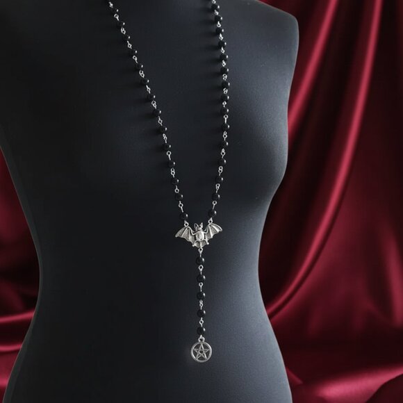 Goth Bat Rosary Style Witchy Vampire Victorian Pentagram Fashion Necklace NWOT - Picture 5 of 9